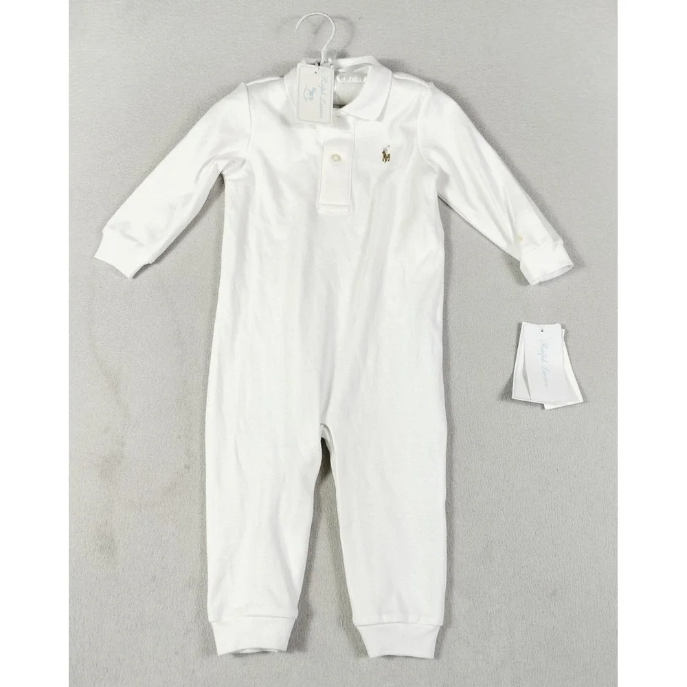 Ralph Lauren Coverall Baby Boy 12M White Organic Cotton Polo Long Sleeve Romper